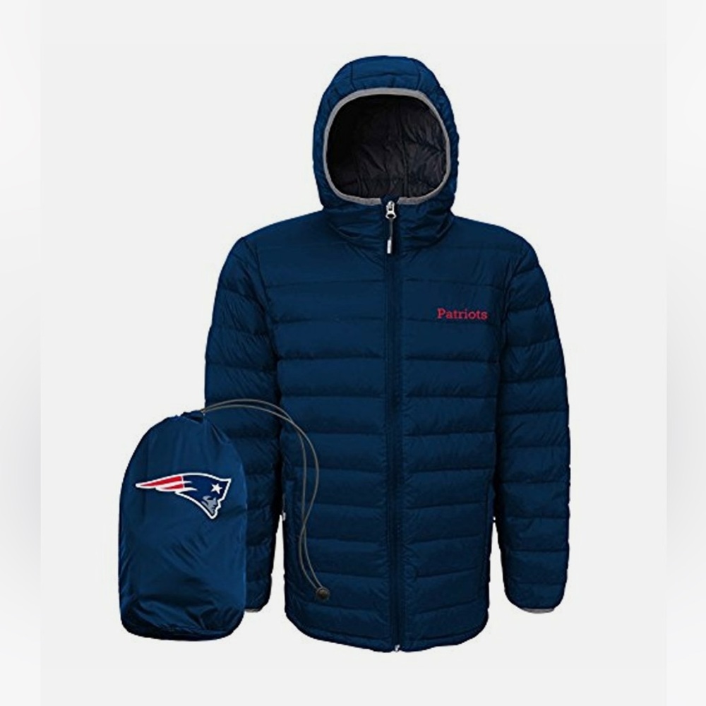 New England Patriots Packaway Puffer Jacket 🏈 Youth M (10–12) + Logo Pouch